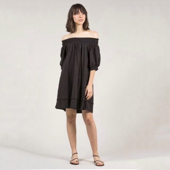 Apiece Apart Felina Off Shoulder Dress Short Sleeve Cotton Bauble Trim Black 10 - Picture 1 of 14